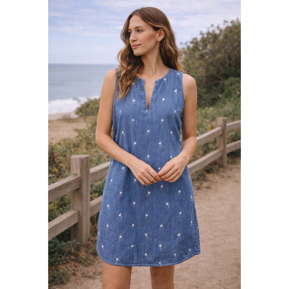 Given‎ Kate Blue Denim Palm Tree Embroidered Shift Dress Womens Large Sleeveless